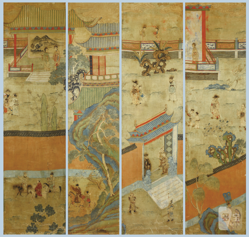 明末清初顾绣庭院人物通景屏四幅 - 图1